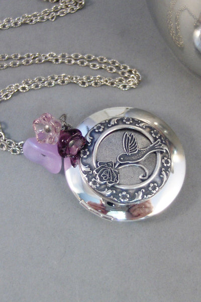 Lavender Hummingbird,Locket,Silver Locket,Flower,Bird,Purple,Lavender,Antique Locket,Floral,Jewelry. Handmade jewelry by valleygirldesigns.