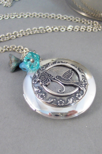 Aquamarine Hummingbird,Locket,Silver Locket,Flower,Bird,Blue,Aquamarine,Antique Locket,Floral,Jewelry,Blue Locket,Aqua Bl,valleygirldesigns.