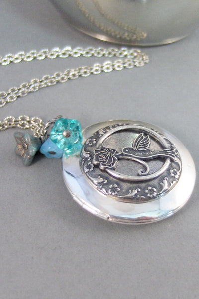 Aquamarine Hummingbird,Locket,Silver Locket,Flower,Bird,Blue,Aquamarine,Antique Locket,Floral,Jewelry,Blue Locket,Aqua Bl,valleygirldesigns.