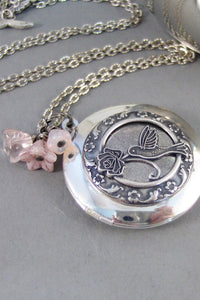 Pink Hummingbird,Locket,Silver Locket,Flower,Bird,Pink,Blush,Antique Locket,Floral,Jewelry,Pink Locket,Blush Locket,valleygirldesigns.