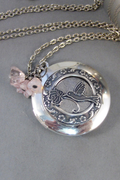 Pink Hummingbird,Locket,Silver Locket,Flower,Bird,Pink,Blush,Antique Locket,Floral,Jewelry,Pink Locket,Blush Locket,valleygirldesigns.