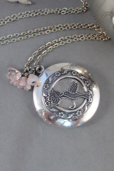 Pink Hummingbird,Locket,Silver Locket,Flower,Bird,Pink,Blush,Antique Locket,Floral,Jewelry,Pink Locket,Blush Locket,valleygirldesigns.