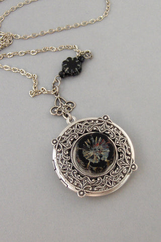 Midnight Blossom,Flower,Black Flower,Silver Locket,Locket,Necklace,Antique Locket,Summer,Boho,Gypsy,Flower Locket,Floral.valleygirldesigns.