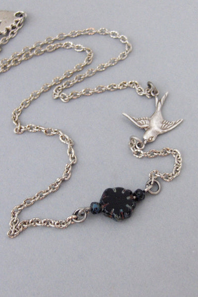 Midnight Blossom,Necklace,Bird Necklace,Bird,Flower,Black Flower,Black,Silver Bird,Summer,Boho,Gypsy,Flower Locket,Floral.valleygirldesigns.
