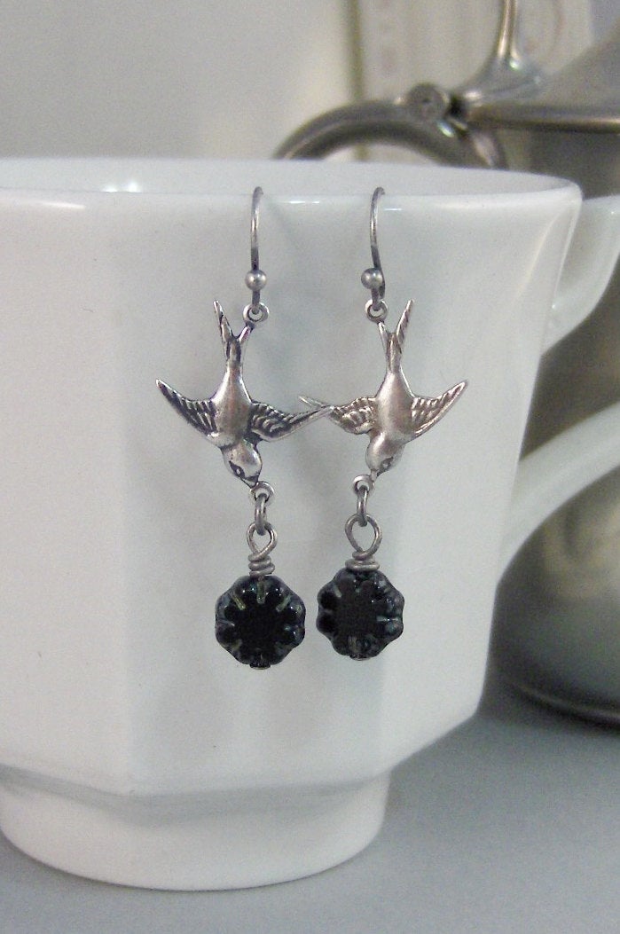 Sale Midnight Blossom,Earring,Bird Earring,Flower Earring,Black Earring,Bird,Flower,Black Flower,Silver Bird,Summer,Boho,Gypsy.