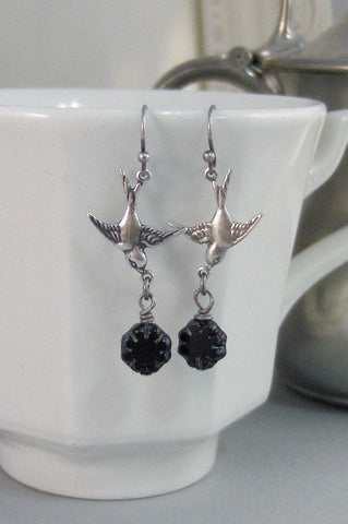 Sale Midnight Blossom,Earring,Bird Earring,Flower Earring,Black Earring,Bird,Flower,Black Flower,Silver Bird,Summer,Boho,Gypsy.