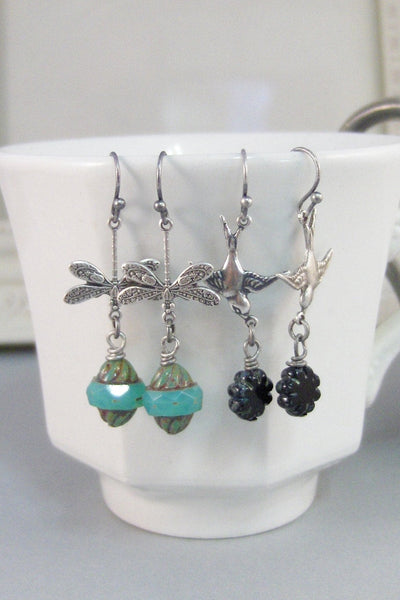 Sale Midnight Blossom,Earring,Bird Earring,Flower Earring,Black Earring,Bird,Flower,Black Flower,Silver Bird,Summer,Boho,Gypsy.
