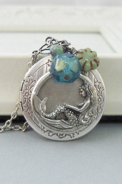 Mermaid Tears,Mermaid Locket,Mermaid Locket,Silver Locket,Necklace,Antique Locket,Summer,Boho,Gypsy,Mermaid Necklace.Blu.valleygirldesigns.