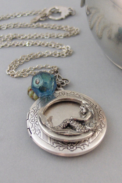 Mermaid Tears,Mermaid Locket,Mermaid Locket,Silver Locket,Necklace,Antique Locket,Summer,Boho,Gypsy,Mermaid Necklace.Blu.valleygirldesigns.