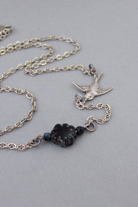 Midnight Blossom,Necklace,Bird Necklace,Bird,Flower,Black Flower,Black,Silver Bird,Summer,Boho,Gypsy,Flower Locket,Floral.valleygirldesigns.