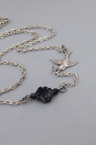 SALE/Midnight Blossom,Necklace,Bird Necklace,Bird,Flower,Black Flower,Black,Silver Bird,Boho,Gypsy,Flower Locket,Floral.valleygirldesigns.