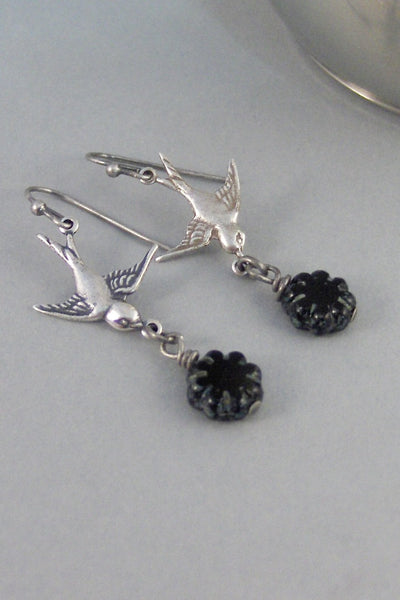 Sale Midnight Blossom,Earring,Bird Earring,Flower Earring,Black Earring,Bird,Flower,Black Flower,Silver Bird,Summer,Boho,Gypsy.