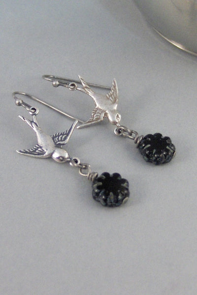 Midnight Blossom,Earring,Bird Earring,Flower Earring,Black Earring,Bird,Flower,Black Flower,Silver Bird,Summer,Boho,Gypsy.valleygirldesigns.