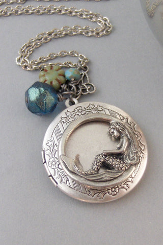 Mermaid Tears,Mermaid Locket,Mermaid Locket,Silver Locket,Necklace,Antique Locket,Summer,Boho,Gypsy,Mermaid Necklace.Blu.valleygirldesigns.