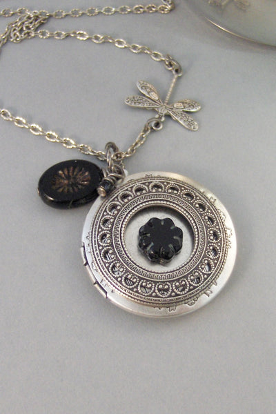 Midnight Star,Flower,Black Flower,Silver Locket,Locket,Necklace,Black Star,Star Locket,Summer,Boho,Gypsy,Flower Locket,valleygirldesigns.