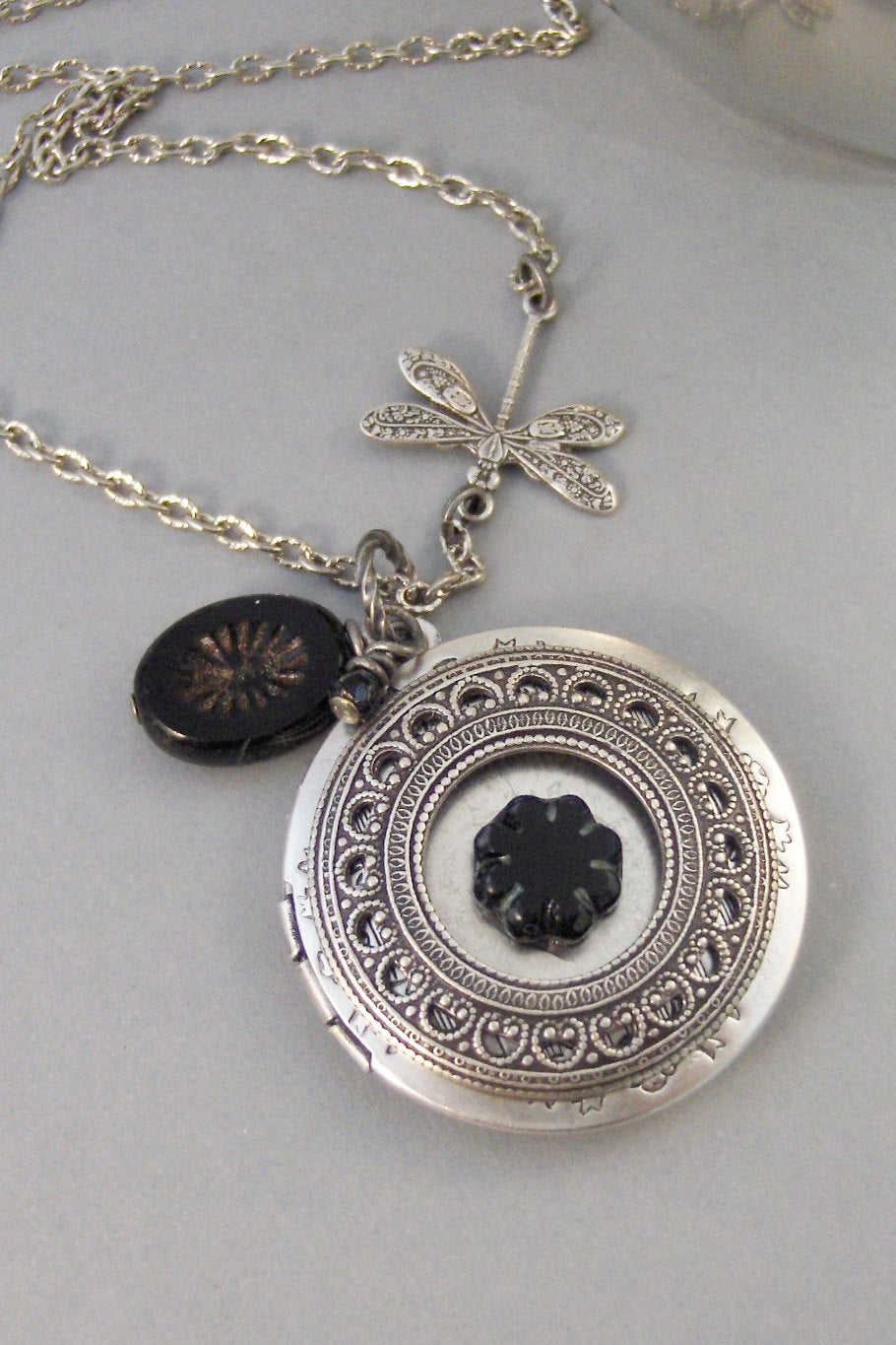 Midnight Star,Flower,Black Flower,Silver Locket,Locket,Necklace,Black Star,Star Locket,Summer,Boho,Gypsy,Flower Locket,valleygirldesigns.