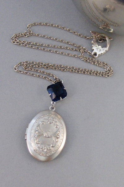 Princess Sapphire,Sapphire Locket,Locket,Antique Locket,Silver Locket,Sapphire,Blue,Navy,Birthstone. Handmade jewelry by Valleygirldesigns.