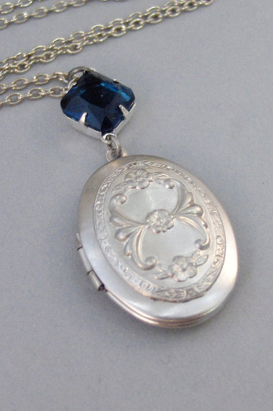 Princess Sapphire,Sapphire Locket,Locket,Antique Locket,Silver Locket,Sapphire,Blue,Navy,Birthstone. Handmade jewelry by Valleygirldesigns.