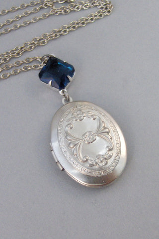 Princess Sapphire,Sapphire Locket,Locket,Antique Locket,Silver Locket,Sapphire,Blue,Navy,Birthstone. Handmade jewelry by Valleygirldesigns.