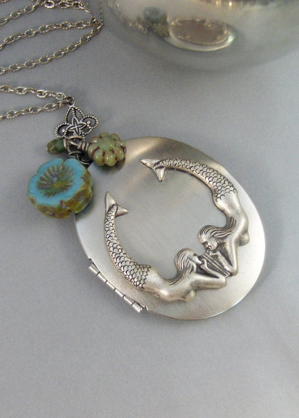 Blue Mermaids Song,Mermaid,Silver Locket,Locket,Necklace,Blue,Aqua,Summer,Boho,Gypsy,Mermaid Necklace,Mermaid Locket.Blue.valleygirldesigns.