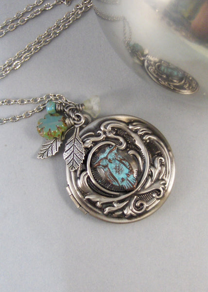 Sage Owl,Owl,Locket,Green Owl,Green Locket,Silver Locket,Silver Necklace,Owl,Woodland,Antique Locket. Handmade jewelry by valleygirldesigns.