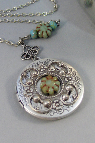 SALE/Green Blooms,Silver Locket,Locket,Antique Locket,Blue,Green Green Stone, Locket,blue Locket,Boho,Gypsy,Floral.valleygirldesigns.