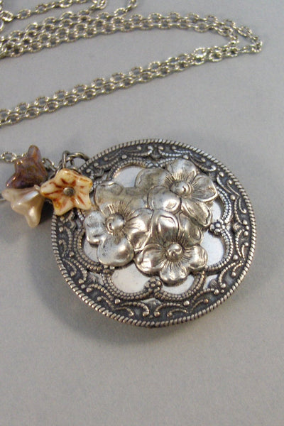 Antique Posies,Locket,Silver Locket,Antique Locket,Flower Locket.,Poppy, Flower.Flower Necklace,Poppy Necklace,Tan,Pink, ValleyGirlDesigns.