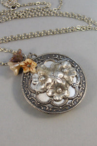 Antique Posies,Locket,Silver Locket,Antique Locket,Flower Locket.,Poppy, Flower.Flower Necklace,Poppy Necklace,Tan,Pink, ValleyGirlDesigns.