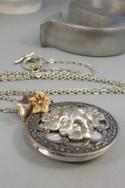 Antique Posies,Locket,Silver Locket,Antique Locket,Flower Locket.,Poppy, Flower.Flower Necklace,Poppy Necklace,Tan,Pink, ValleyGirlDesigns.