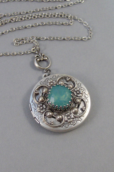 SALE Ocean Opal,Opal,Locket,Antique Locket,Silver Locket,Moon,Aqua Stone,Princess Cut.Birthstone,Mint Opal,Chrysolite,Valleygirldesigns.