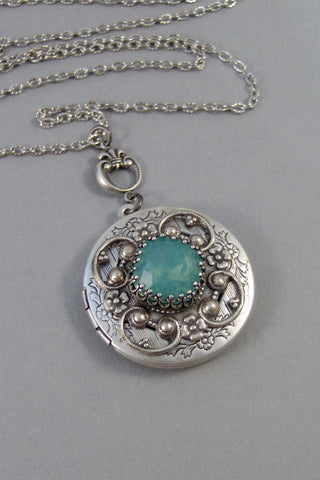 SALE Ocean Opal,Opal,Locket,Antique Locket,Silver Locket,Moon,Aqua Stone,Princess Cut.Birthstone,Mint Opal,Chrysolite,Valleygirldesigns.
