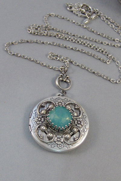 SALE Ocean Opal,Opal,Locket,Antique Locket,Silver Locket,Moon,Aqua Stone,Princess Cut.Birthstone,Mint Opal,Chrysolite,Valleygirldesigns.