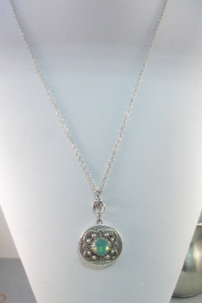 SALE Ocean Opal,Opal,Locket,Antique Locket,Silver Locket,Moon,Aqua Stone,Princess Cut.Birthstone,Mint Opal,Chrysolite,Valleygirldesigns.