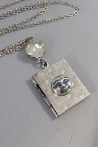 Stardust,Locket,Silver Locket,Moon,Star,Night,Goddess,Locket,Antique Locket,Vintage Locket,Book Locket,Diamond Necklace. valleygirldesigns.