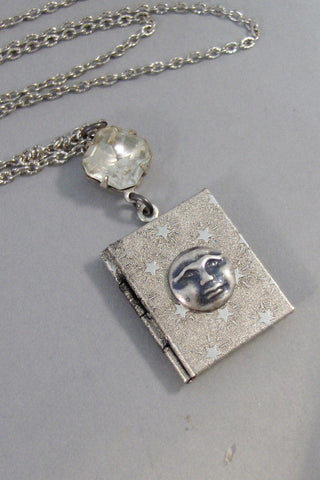 Stardust,Locket,Silver Locket,Moon,Star,Night,Goddess,Locket,Antique Locket,Vintage Locket,Book Locket,Diamond Necklace. valleygirldesigns.