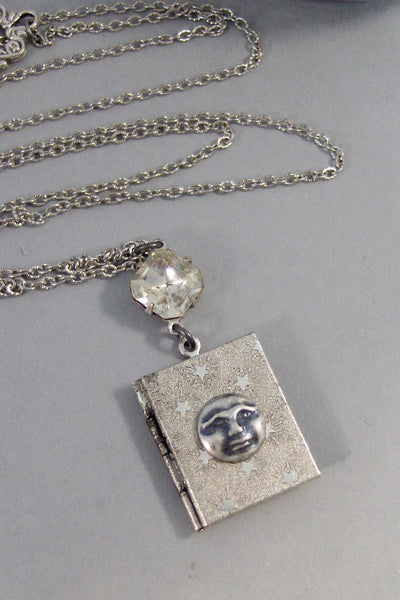 SALE Stardust,Locket,Silver Locket,Moon,Star,Night,Goddess,Locket,Antique Locket,Vintage Locket,Book Locket,Diamond  valleygirldesigns.