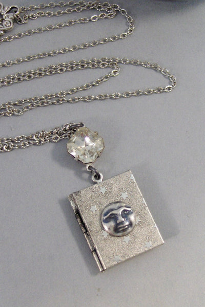 Stardust,Locket,Silver Locket,Moon,Star,Night,Goddess,Locket,Antique Locket,Vintage Locket,Book Locket,Diamond Necklace. valleygirldesigns.