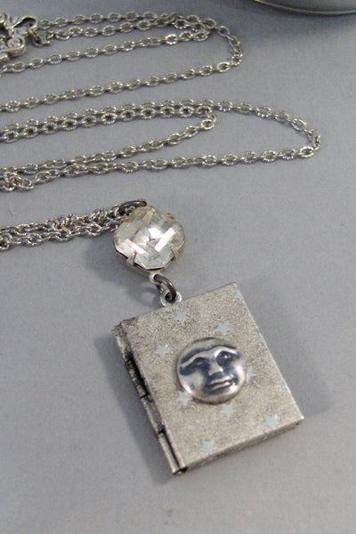 Stardust,Locket,Silver Locket,Moon,Star,Night,Goddess,Locket,Antique Locket,Vintage Locket,Book Locket,Diamond Necklace. valleygirldesigns.