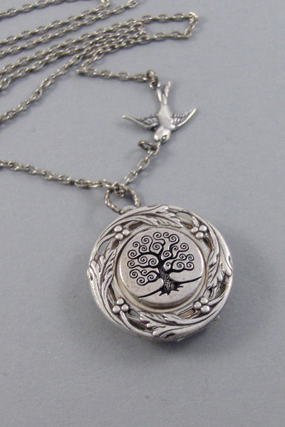 Mocking Bird,Locket,Silver Locket,Bird,Sparrow,Flower,Wreath,Mocking,Bird,Sparrow,Tree,Steampunk,Tree Locket,Tree Neckalcevalleygirldesigns.