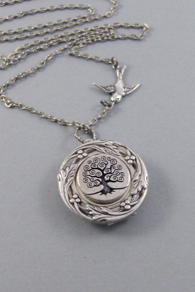 Mocking Bird,Locket,Silver Locket,Bird,Sparrow,Flower,Wreath,Mocking,Bird,Sparrow,Tree,Steampunk,Tree Locket,Tree Neckalcevalleygirldesigns.