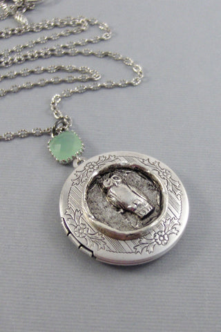 SALE/Autumn Owl,Owl,Locket,Silver Locket,Silver Necklace,Owl Neckalce,silver,Woodland,Antique Locket. Handmade jewelry by valleygirldesigns.