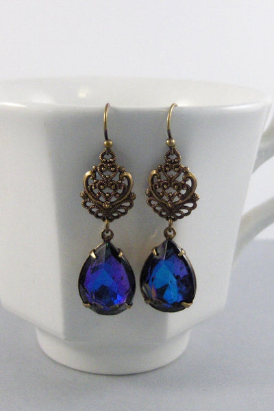 Moonlit Peacock,Vintage Earrings,Blue Earrings,Brass Earrings,Sapphire,Earrings,Rhinestone,Peacock,Peacock Earring valleygirldesigns.