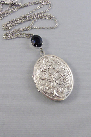 Floral Sapphire,Sapphire Locket,Locket,Vintage Sapphire,Antique Locket,Silver Locket,Sapphire,Blue,Navy,Birthstone.September Birthstone