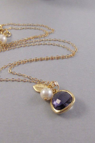 Amethyst Drop,Gold Necklace,Amethyst Neckalce,Leaf Necklace,February Birthstone,Purple Stone,Purple NecklaceBride,Wedding, valleygirldesigns