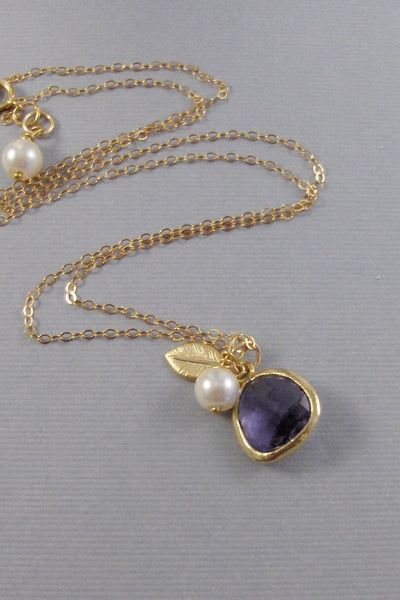 Amethyst Drop,Gold Necklace,Amethyst Neckalce,Leaf Necklace,February Birthstone,Purple Stone,Purple NecklaceBride,Wedding, valleygirldesigns