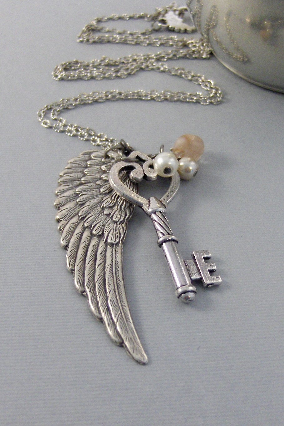 Haven,Necklace,Silver Necklace,Key,Angel,Angel Wing Necklace,Key Necklace,Key,Pearl,Pearl Necklace,Skeleton Key,Antique Keyvalleygirldesigns