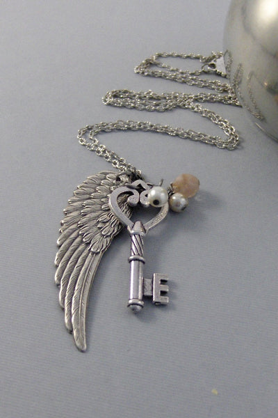 Haven,Necklace,Silver Necklace,Key,Angel,Angel Wing Necklace,Key Necklace,Key,Pearl,Pearl Necklace,Skeleton Key,Antique Keyvalleygirldesigns