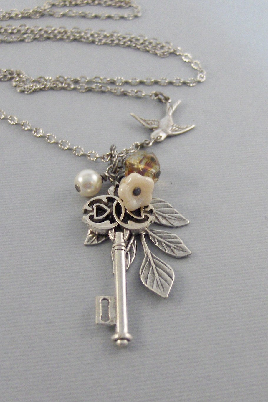 Sparrows Romance,Necklace,Silver Necklace,Key,Sparrow Necklace,Saprrow,Bird Necklace,Key Necklace,Key,Pearl Necklac,Skeleton Key,Antique Key