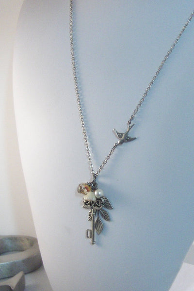 Sparrows Romance,Necklace,Silver Necklace,Key,Sparrow Necklace,Saprrow,Bird Necklace,Key Necklace,Key,Pearl Necklac,Skeleton Key,Antique Key