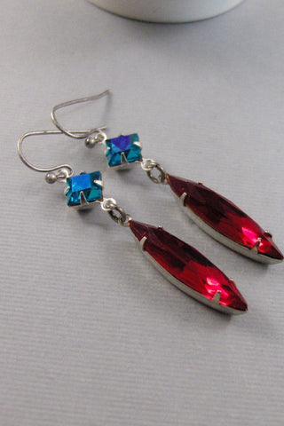 Deco,Earring,Vintage Earrings,Ruby Earrings,Red,Rhinestone,Red Earring,Red Stone,Blue Topaz,Blue Topaz Earring,December valleygirldesigns.